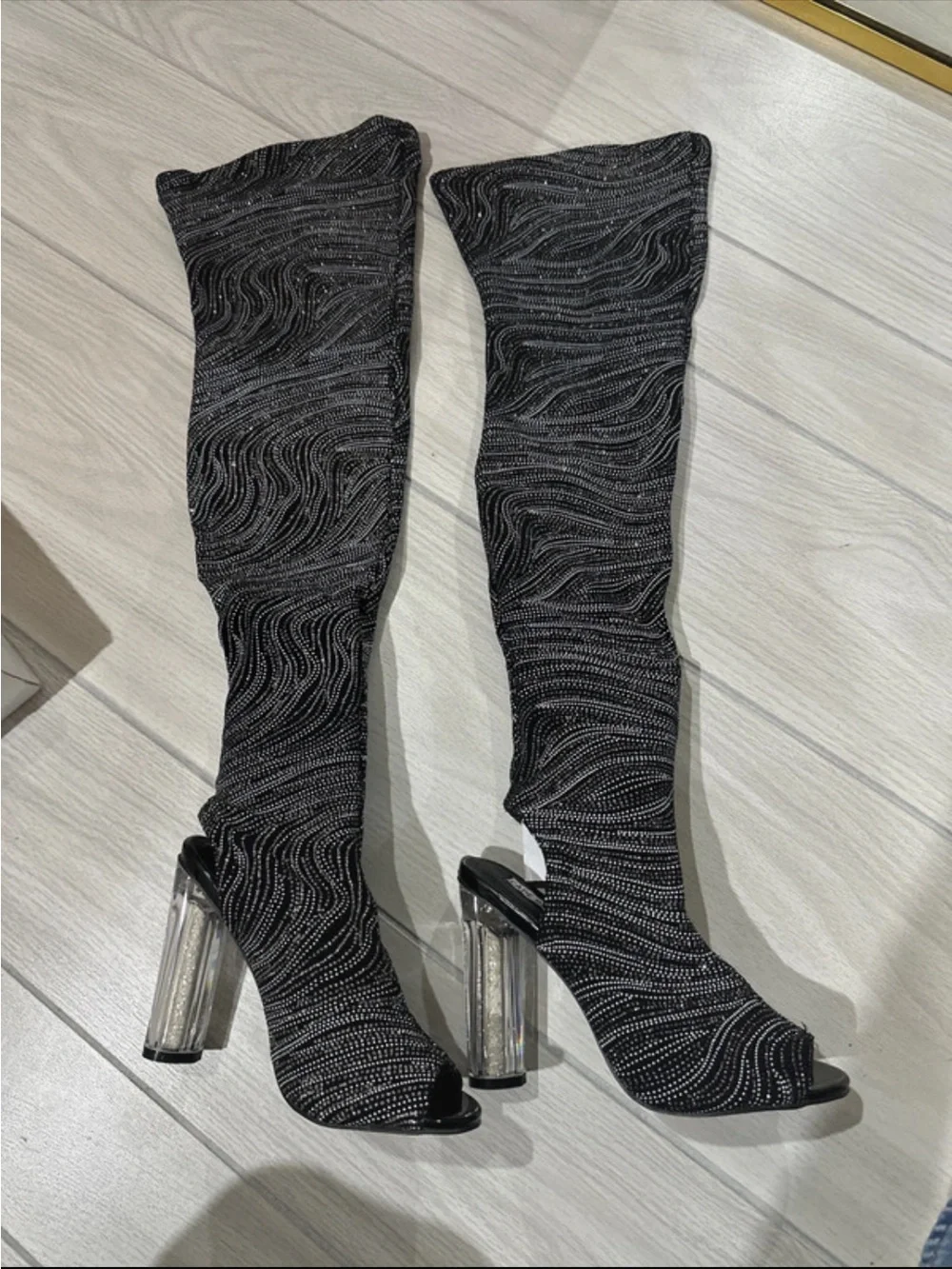 Cape Robbin Black Glitter Over-the-Knee Sock Boots with Clear Block Heel